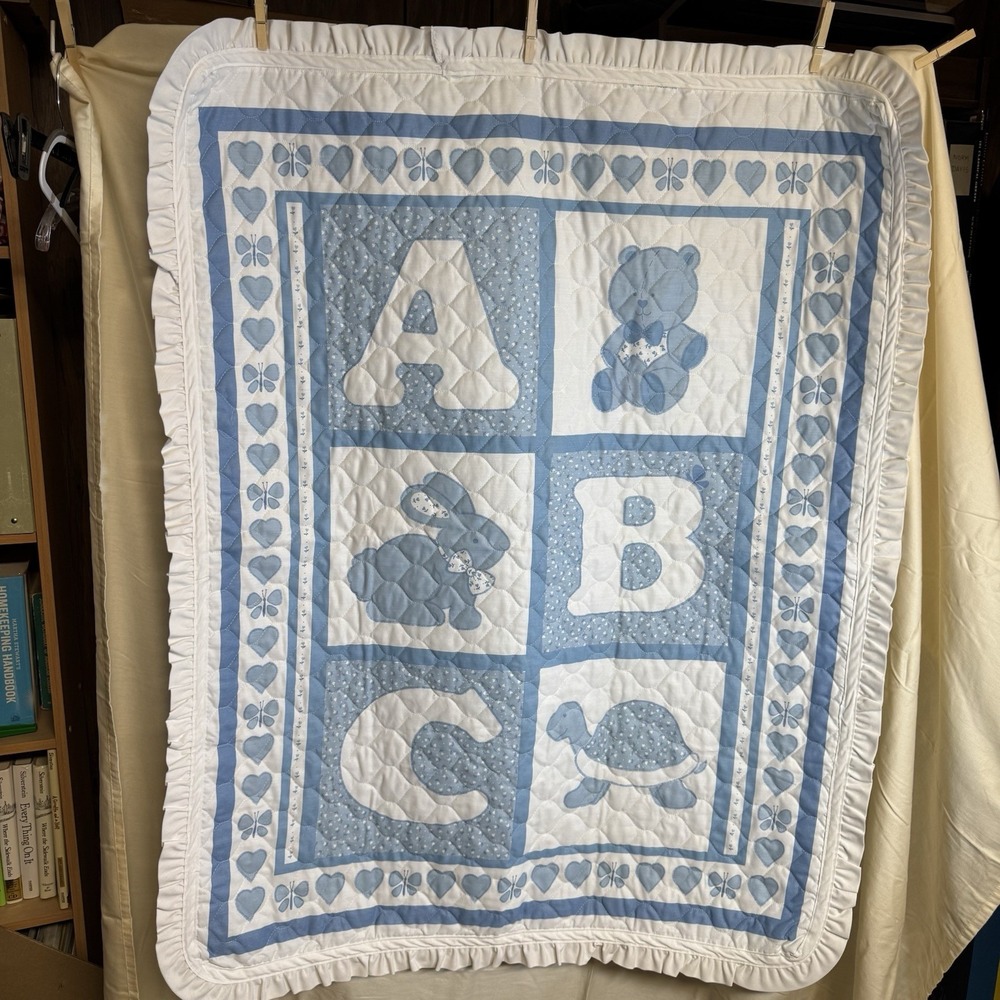 VTG Handmade Lightweight Quilt Baby Blanket ABC Bear Turtle Rabbit Blue 36x46